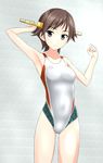  absurdres arena_(company) black_eyes brown_hair competition_swimsuit hairband hiei_(kantai_collection) highres kantai_collection one-piece_swimsuit plaid short_hair standing swimsuit takafumi 