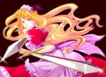  apron blonde_hair dual_wielding earrings hair_ornament holding jewelry looking_at_viewer maid maid_apron maid_headdress maro4 multiple_swords sword touhou touhou_(pc-98) weapon wings yellow_eyes yumeko 
