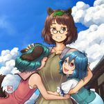  animal_ears artist_name blue_eyes blue_hair blue_sky breast_smother breasts brown_eyes brown_hair cloud commentary day dress futatsuiwa_mamizou glasses green_hair grin heterochromia hug huge_breasts kasodani_kyouko kitano_(kitanosnowwhite) leaf leaf_on_head looking_at_another looking_down looking_up multiple_girls open_mouth puffy_sleeves raccoon_ears raccoon_tail red_eyes shirt short_hair short_sleeves signature skirt sky sleeveless smile tail tatara_kogasa touhou vest 