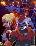  1girl 70s artist_name blonde_hair blue_eyes cosplay crowley_hamon facial_hair gouf gradient gradient_background great_mazinger gundam mazinger_z mecha mobile_suit_gundam oldschool oprince parody pilot_suit ramba_ral 