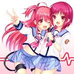  angel_beats! demon_tail iwasawa long_hair microphone multiple_girls navel one_eye_closed pink_hair red_eyes red_hair saotome_mirai school_uniform serafuku shinda_sekai_sensen_uniform short_hair sleeves_rolled_up tail two_side_up v yui_(angel_beats!) 