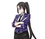  alternate_costume black_hair crossed_arms glasses highres kantai_collection long_hair looking_at_viewer md5_mismatch nachi_(kantai_collection) office_lady purple-framed_eyewear purple_eyes shoumaru_(gadget_box) side_ponytail simple_background solo upper_body very_long_hair white_background 