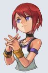  1girl black_choker blue_eyes choker cropped_torso fingers_together grey_background hankuri kairi_(kingdom_hearts) kingdom_hearts kingdom_hearts_i looking_to_the_side red_hair short_hair smile wristband 