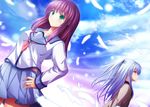  angel_beats! feathers green_eyes hairband highres ichiki_yuu long_hair multiple_girls purple_hair school_uniform serafuku shinda_sekai_sensen_uniform silver_hair tenshi_(angel_beats!) yellow_eyes yuri_(angel_beats!) 