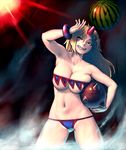  armpits ass_visible_through_thighs ball bare_arms bare_legs bare_shoulders bikini blonde_hair bracelet breast_press breasts collarbone fangs food fruit gengoroumaru_(ambidextrous) grin hair_ornament horn hoshiguma_yuugi jewelry large_breasts light long_hair looking_to_the_side midriff navel one_eye_closed red_eyes smile solo spike_ball star strapless swimsuit touhou watermelon 
