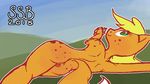  2015 anthro anthrofied anus applejack_(mlp) blonde_hair equine female freckles friendship_is_magic fur hair horse looking_at_viewer looking_back mammal my_little_pony orange_fur outside pony pussy smile solo starspangledbanger 