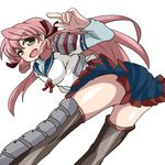  akashi_(kantai_collection) ass blush green_eyes hair_ribbon highres hip_vent kantai_collection long_hair looking_at_viewer looking_back open_mouth pink_hair ribbon school_uniform serafuku skirt smile solo thighhighs tress_ribbon yuuki_shishin 