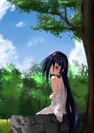  azumawari_(azumofu) bangs black_hair bleeding blood blue_sky blush clothes_down cloud commentary_request day dress dress_pull forest from_side grass hair_between_eyes hair_over_one_eye injury long_hair looking_at_viewer looking_to_the_side nape nature one_eye_covered outdoors red_eyes shade shiny shiny_hair sitting sky solo sweatdrop tareme the_ring tree upper_body very_long_hair well white_dress yamamura_sadako 