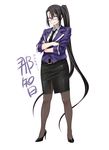  absurdly_long_hair alternate_costume black_hair black_legwear character_name crossed_arms formal full_body glasses high_heels highres jacket kantai_collection long_hair looking_at_viewer md5_mismatch nachi_(kantai_collection) office_lady pantyhose pencil_skirt purple-framed_eyewear purple_eyes shoumaru_(gadget_box) side_ponytail simple_background skirt skirt_suit solo standing suit very_long_hair white_background 