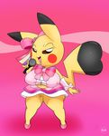  2015 big_breasts bow breasts clothed clothing erect_nipples female kirbot12 looking_at_viewer microphone nintendo nipples open_mouth performing pikachu pikachu_pop_star plump_labia pok&eacute;mon pussy singing skimpy skirt thick_thighs video_games 