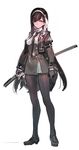  black_hair black_legwear full_body holding holding_sword holding_weapon katana kishiyo long_hair looking_at_viewer md5_mismatch pantyhose pixiv_fantasia pixiv_fantasia_t red_eyes revision simple_background solo sword weapon white_background 