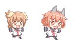  :d animal_ears black_legwear brown_eyes commentary_request dress fake_animal_ears fang folded_ponytail hair_ornament hairclip ikazuchi_(kantai_collection) inazuma_(kantai_collection) kantai_collection kotanu_(kotanukiya) long_hair long_sleeves multiple_girls neckerchief open_mouth ponytail sailor_dress short_hair simple_background sleeves_past_wrists smile thighhighs white_background younger 