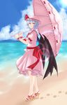  bad_id bad_pixiv_id bat_wings beach blue_hair blue_sky bow brooch cloud collar day fang footprints frilled_shirt_collar frilled_skirt frills hat hat_bow high_heels highres horizon jewelry legs lens_flare looking_at_viewer mob_cap ocean older open_toe_shoes outdoors parasol pink_shirt pink_skirt red_eyes remilia_scarlet shirt shoes short_hair short_sleeves skirt sky smile solo sun sunlight touhou umbrella wind wings wrist_cuffs zeramu 