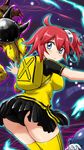  aiba_ami bandai blue_eyes blush breasts cyclomon digimon digimon_story:_cyber_sleuth female goggles goggles_on_head gradient gradient_background hair_ornament highres large_breasts n36hoko panties ponytail red_hair shirt side_ponytail underwear yellow_legwear yellow_shirt 