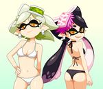  2girls :d aori_(splatoon) ass bad_id bad_pixiv_id bikini black_bikini black_hair cousins domino_mask earrings food food_on_head gradient gradient_background green_hair hand_on_hip hotaru_(splatoon) jewelry mask mole mole_under_eye multiple_girls navel object_on_head open_mouth orange_eyes pointy_ears smile splatoon_(series) splatoon_1 sushi swimsuit tentacle_hair white_bikini yuta_agc 