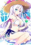  :o bikini blue_eyes breasts canon_(nyori) drink drinking_straw flower glass hat heterochromia hibiscus large_breasts long_hair looking_at_viewer nyori original polka_dot polka_dot_bikini polka_dot_swimsuit purple_eyes ribbon sarong solo sun_hat swimsuit very_long_hair white_hair 