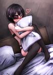  bed black_bra black_eyes black_hair black_legwear black_panties blush bra commentary eyepatch fukasugi_aiko garter_belt heart lingerie looking_at_viewer original panties pillow pillow_hug ray-k short_hair smile solo thighhighs underwear underwear_only yandere 