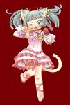  ambiguous_gender blue_hair blush cat clothed clothing cream_fur dress feline fur green_eyes green_hair hair kemono mammal microphone one_eye_closed open_mouth plain_background ponytail red_background short_hair solatorobo solo teeth twintails_(disambiguation) だんがん 