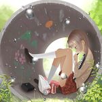  blue_eyes blurry brown_hair can culvert depth_of_field fetal_position highres instrument keyboard_(instrument) kneehighs loafers long_hair melodica original profile rain school_uniform shoes sitting skirt soda_can solo sun_(symbol) throtem white_legwear 