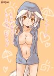  animal_ears blonde_hair breasts collarbone eyebrows fox_ears fox_tail hood hoodie kohaku_(yua) large_breasts looking_at_viewer naked_hoodie navel no_bra no_panties open_clothes open_hoodie original slit_pupils solo tail thick_eyebrows translation_request unzipped yellow_eyes yua_(checkmate) zipper 