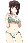  bangs bare_arms bare_shoulders bikini breasts brown_eyes brown_hair cleavage cowboy_shot diagonal_stripes eyebrows_visible_through_hair hair_bun hands_on_own_chest hands_up highres looking_at_viewer matsunaga_kouyou medium_breasts navel original shiny shiny_skin side-tie_bikini sidelocks simple_background smile solo standing striped striped_bikini swimsuit underboob white_background 