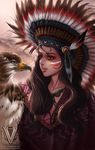  bird brown_eyes duong_tich_vi eagle email_address feathers headdress highres lips long_hair native_american native_american_headdress parted_lips warbonnet watermark 