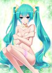  bad_id bad_pixiv_id bare_shoulders breasts choker covering covering_breasts hatsune_miku highres long_hair looking_at_viewer nipples silence sitting small_breasts solo thigh_strap twintails very_long_hair vocaloid 