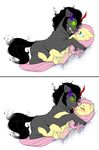  2015 black_hair blue_eyes blush boop couple cuddling duo equine evehly eye_mist fangs female fluttershy_(mlp) friendship_is_magic hair horn hug king_sombra_(mlp) lying male mammal my_little_pony nose_kiss pegasus red_eyes sharp_teeth teeth unicorn wings 