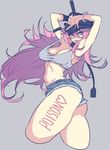  bad_id bad_pixiv_id belt big_hair blue_eyes blue_shorts bracelet breasts character_name cleavage cropped_legs denim denim_shorts grey_background hat hohehohe jewelry large_breasts long_hair looking_at_viewer midriff navel poison_(final_fight) purple_hair shorts simple_background solo street_fighter whip 