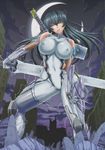  1girl armor bare_shoulders breasts city female huge_breasts igawa_asagi long_hair moon multiple_girls night ninja nipples nobushito_kuro sword taimanin_asagi weapon 