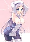  :o aila_jyrkiainen arms_up beret blue_eyes blush boots breasts breasts_outside elbow_gloves gloves gundam gundam_build_fighters hat kisaragi_kanata long_hair medium_breasts nipples pantyhose pink_hair solo standing thigh_boots thighhighs white_footwear white_legwear 