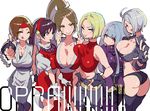  :d ;) ahoge angel_(kof) asamiya_athena ass bad_id bad_pixiv_id belt black_gloves black_legwear blonde_hair blue_eyes blue_hair blue_mary braid breast_press breasts brown_eyes brown_hair cleavage collarbone fatal_fury fingerless_gloves gloves groin hair_over_one_eye hair_ribbon hairband headband highres hohehohe japanese_clothes jewelry kula_diamond large_breasts long_hair looking_at_viewer midriff multiple_girls navel necklace no_panties one_eye_closed open_mouth pelvic_curtain ponytail psycho_soldier purple_eyes red_eyes red_hairband revealing_clothes ribbon ryuuko_no_ken shiranui_mai short_hair silver_hair simple_background sleeveless smile symmetrical_docking teeth the_king_of_fighters thighhighs thumbs_up tongue tongue_out white_background white_gloves yuri_sakazaki 