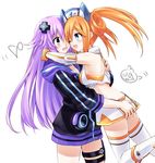  adult_neptune blood blush breasts highres hug long_hair multiple_girls neptune_(series) nosebleed open_mouth orange_hair orange_heart purple_hair shin_jigen_game_neptune_vii small_breasts suzushiro_yukari yuri 