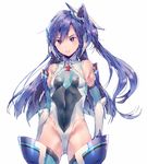  blue_hair breasts commentary covered_navel cowboy_shot dsmile elbow_gloves gloves kazanari_tsubasa leotard long_hair looking_at_viewer one_side_up purple_eyes senki_zesshou_symphogear simple_background small_breasts solo very_long_hair white_background 