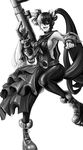  :d absurdres armpits belt blade_&amp;_soul bracer breasts eyepatch fingerless_gloves gatling_gun gloves greyscale gun highres large_breasts long_hair looking_at_viewer macline monochrome multicolored_hair open_mouth pohwaran sideboob smile solo twintails two-tone_hair very_long_hair weapon white_background 