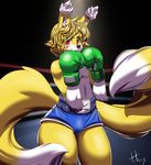  2015 anthro black_nose blonde_hair boxing_gloves canine clothing fabianoferreira fox fur gloves hair invalid_tag male mammal multiple_tails open_mouth red_eyes short_hair shorts smile solo standing thick_thighs white_fur yellow_fur 