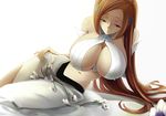  1girl 57_(lme_piggy117) bare_shoulders bleach breasts cleavage erect_nipples flower huge_breasts inoue_orihime long_hair navel no_bra orange_hair simple_background solo 