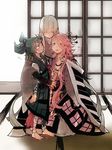  3boys ? beads blue_eyes blue_hair closed_eyes green_eyes hug japanese_clothes kousetsu_samonji kurosuke_(hipparu) long_hair long_sleeves male_focus multiple_boys pink_hair ponytail sayo_samonji souza_samonji touken_ranbu very_long_hair 