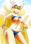  bikini blonde_hair blue_bikini blue_sky breasts collarbone fox_tail hat large_breasts multiple_tails naughty_face navel short_hair sinzan sketch sky solo swimsuit tail thighs toned tongue tongue_out touhou untying yakumo_ran yellow_eyes 