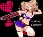  bad_id bad_twitter_id belt blonde_hair blue_eyes breasts candy chainsaw cheerleader cleavage copyright_name food food_in_mouth hairband hand_on_hip hohehohe holding holding_weapon juliet_starling large_breasts lollipop lollipop_chainsaw looking_at_viewer midriff miniskirt navel skirt smile solo thighhighs twintails weapon white_legwear wristband zettai_ryouiki 