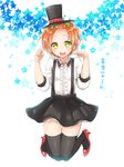 bangs_pinned_back black_legwear bow collared_shirt commentary_request earrings frills green_eyes hair_bow hat hello_hoshi_wo_kazoete high-waist_skirt high_heels hoshizora_rin jewelry jumping looking_at_viewer love_live! love_live!_school_idol_project open_mouth orange_hair paw_pose red_footwear sakurai_makoto_(custom_size) shirt shoes short_hair skirt solo star suspender_skirt suspenders thighhighs top_hat translated 