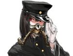  akitsu_maru_(kantai_collection) black_hair cosplay gloves hand_on_headwear hat highres immortan_joe immortan_joe_(cosplay) kantai_collection looking_at_viewer mad_max mad_max:_fury_road mask osakana_(denpa_yun'yun) red_eyes remodel_(kantai_collection) simple_background solo uniform white_background white_gloves 