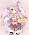  bad_id bad_pixiv_id blonde_hair candy cape food gloves green_eyes halloween hat hayate_no_gotoku! itsuka jack-o'-lantern lollipop long_hair one_eye_closed pumpkin sanzen'in_nagi shaped_lollipop solo striped striped_legwear thighhighs tongue twintails witch_hat 