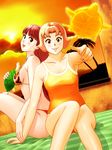  bad_id bad_pixiv_id bikini brown_eyes brown_hair copyright_request gabu highres long_hair mole multiple_girls red_hair sunset swimsuit 