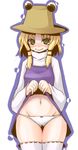  blonde_hair dress dress_lift eyes groin hat lowleg moriya_suwako naughty_face panties shinobe short_hair simple_background solo thigh_gap thighhighs touhou underwear wide_hips yellow_eyes 