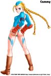  1girl 90s ass ass_grab back boots braid cammy_white capcom facial_mark female full_body kneepits legs long_hair looking_at_viewer looking_back oldschool pose scar simple_background solo standing street_fighter taka_tony tanaka_takayuki twin_braids watermark white_background 