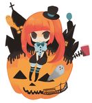  alternate_color alternate_hair_color boots brown_eyes chibi ghost hat hatsune_miku long_hair michoko_(pixiv72203) mini_hat mini_top_hat mrs.pumpkin_no_kokkei_na_yume_(vocaloid) orange_hair pumpkin sitting socks solo striped striped_legwear top_hat twintails vocaloid 