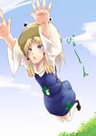  :&lt; :o blonde_hair blue_eyes day eyes foreshortening hands hat highres jumping moriya_suwako outstretched_arms outstretched_hand over-kneehighs short_hair sky solo sukocchi thighhighs touhou v-shaped_eyebrows zettai_ryouiki 