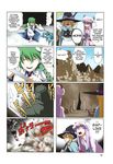  4koma blonde_hair blue_bow blue_dress blue_ribbon bow braid comic crescent crescent_hair_ornament detached_sleeves dress explosion frilled_dress frilled_sleeves frills frog golem green_hair hair_ornament hair_ribbon hard_translated hat hat_ribbon highres japanese_clothes jitome kirisame_marisa kochiya_sanae long_hair miko mountain_of_faith multiple_4koma multiple_girls open_mouth pageratta pajamas patchouli_knowledge purple_eyes purple_hair purple_ribbon red_bow red_ribbon ribbon shameimaru_aya smile snake striped the_embodiment_of_scarlet_devil touhou translated witch witch_hat yellow_eyes 