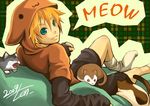  2009 :3 animal_costume aqua_eyes bad_id bad_pixiv_id blonde_hair cat cat_costume english kagamine_len looking_back male_focus nyaashan reclining sitting sitting_on_lap sitting_on_person smile solo vocaloid 